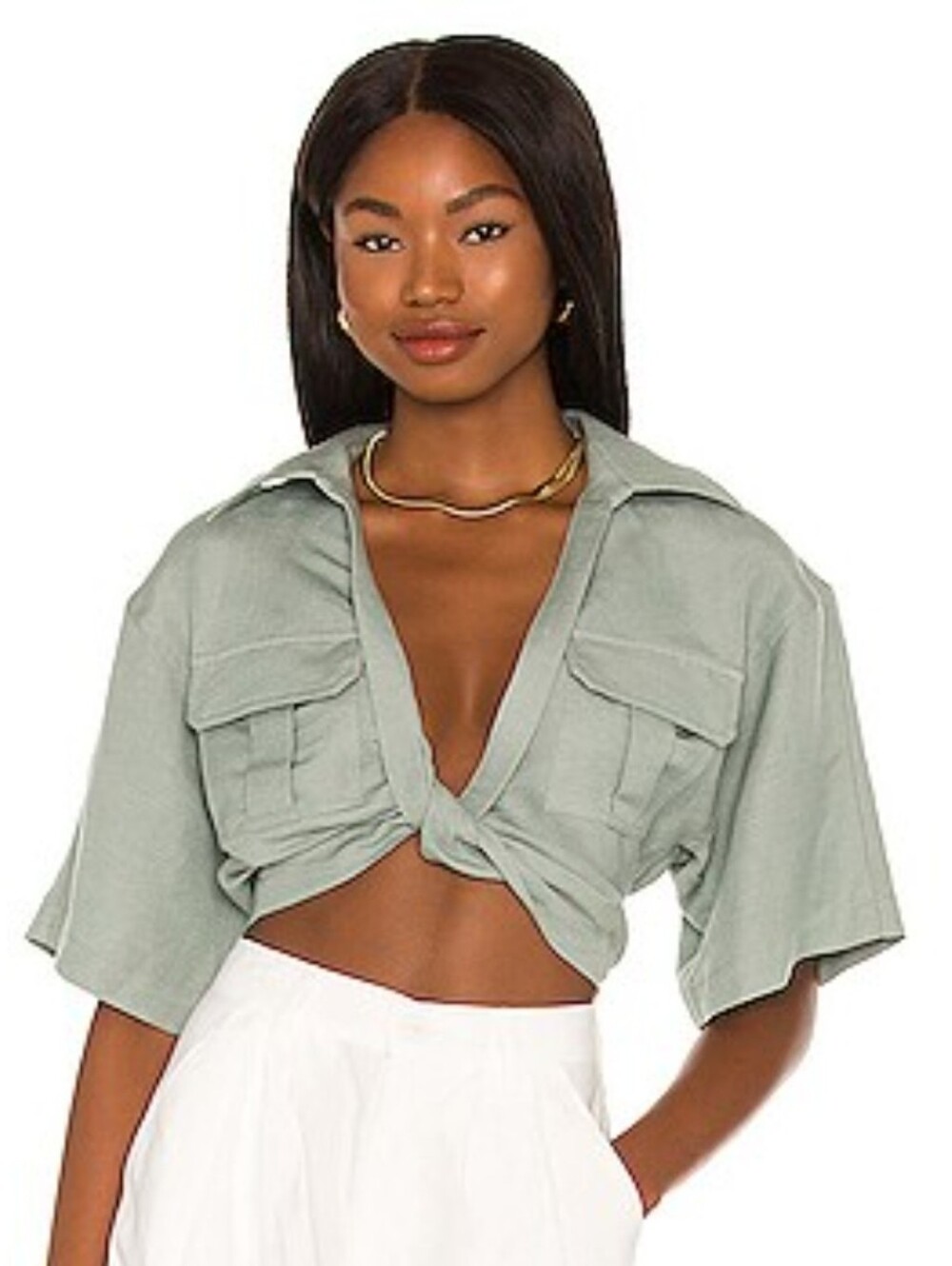 L'Academie The Chrisa Crop Blouse in Sage Green